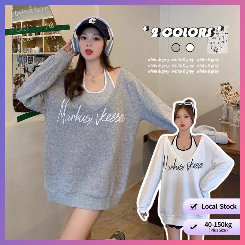 [ชุดทูพีซโอเวอร์ไซส์] (40-150 กก.) ผู้หญิงเกาหลีแขนยาวคอวีเสื้อสวมหัวพลัสไซส์พิมพ์เสื้อกล้ามเสื้อสเวตเตอร์หลวมสวม