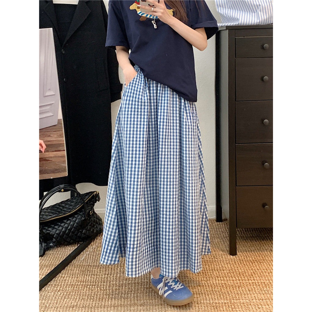 ฤดูร้อนใหม่ลายสก๊อตสดเอวสูงผู้หญิงอเนกประสงค์ ก-เส้น กระโปรงยาวกลาง 250417