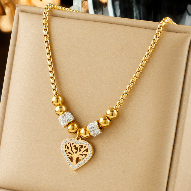 [GG] สร้อยคอลูกปัดสร้อยคอเหล็กไทเทเนียม Tree of Life Heart