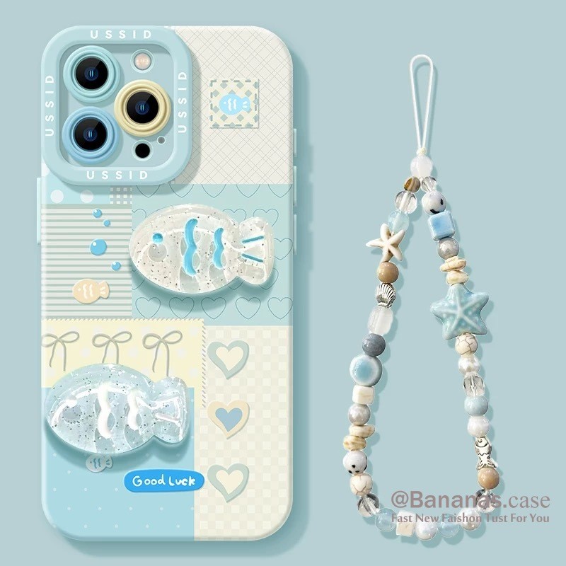 ใช้งานร่วมกับ iPhone 17 16 15 14 13 12 11 Pro Max X Xr Xs Max 7 8 Plus SE2020 เคสโทรศัพท์ 3D DIY การ์ตูนปลาสีฟ้า + Lanyard นุ่มปกหลัง