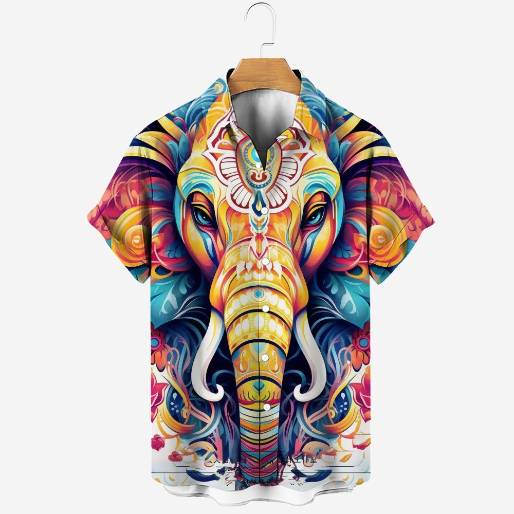 ฤดูร้อนช้างแขนสั้นพิมพ์ดิจิตอลเสื้อยืดใหม่ย้อนยุคเยาวชนแนวโน้มแฟชั่นเสื้อยืดฮาวาย