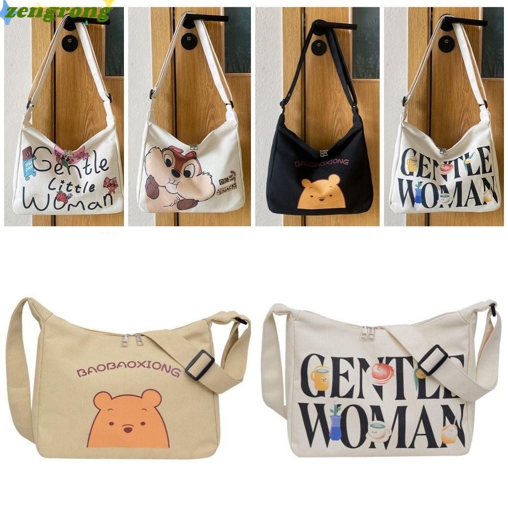 ZENGRONG 1 ชิ้นกระเป๋าสะพาย,การ์ตูนตัวอักษรรูปแบบผ้าใบกระเป๋าถือ,ซิปสลิงกระเป๋า Street สไตล์ Tote กระเป๋าสําหรับผู้หญิงสาวนักเรียน