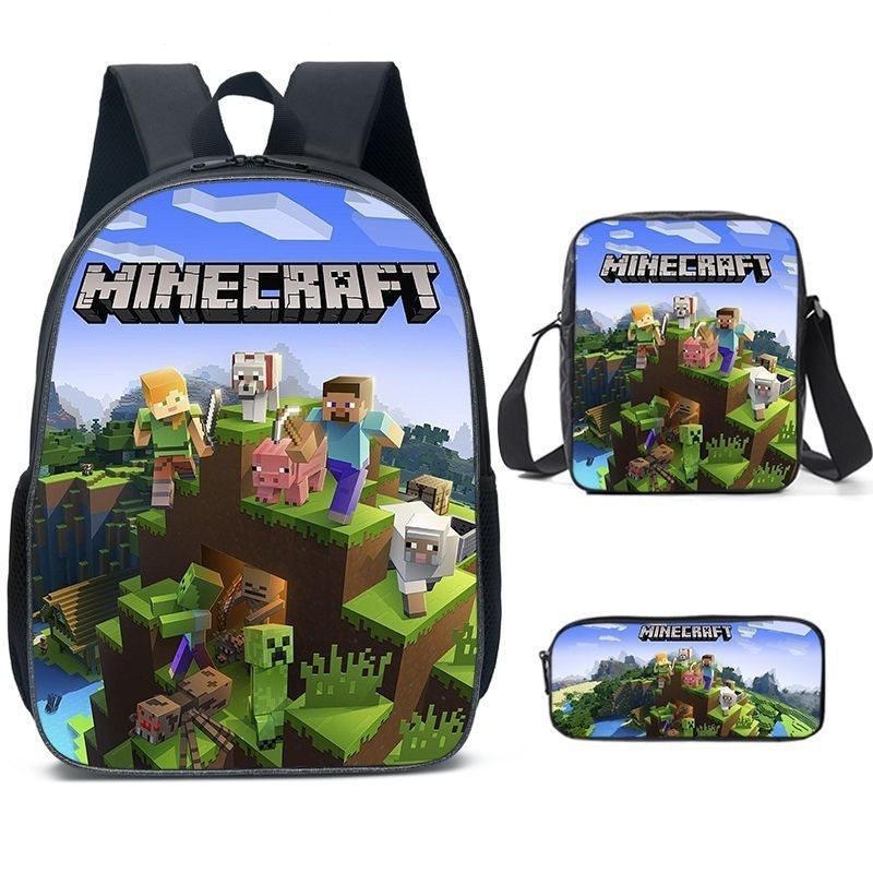 3 ชิ้น/เซ็ต กระเป๋านักเรียนเด็ก + กระเป๋าสะพาย + กล่องดินสอ Minecraft การ์ตูน กระเป๋าเป้สะพายหลัง กันน้ําสบาย กระเป๋านักเรียนประถม