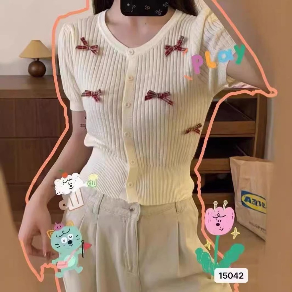(CF0721) เสื้อไหมพรมแขนสั้น เปิดกระดุม แต่งโบว์เล็กน่ารักเข้าชุดง่าย #15042