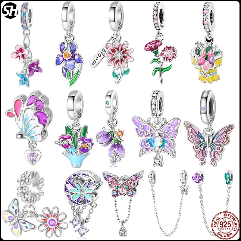 100% 925 เงินสเตอร์ลิงประณีต Cubic Zircon ผีเสื้อดอกไม้ Charms ลูกปัด Fit  สร้อยข้อมือเดิม Fine DIY เครื่องประดับ