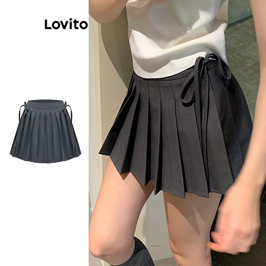 Lovito กระโหลกกระโหลกธรรมดาจีบผูกกระโปรงหน้าสำหรับผู้หญิง L101AD042
