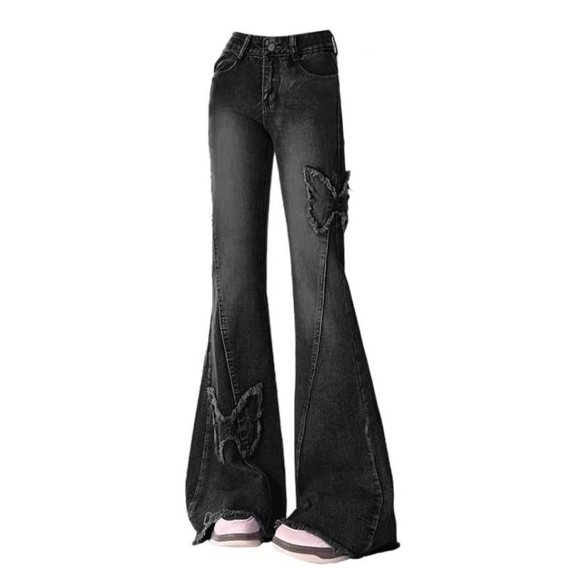 Small Raw Hem Jeans Embroidered High Waist Butterfly Draping Wide Leg Design Versatile Slightly Flared Horseshoe Pants for Women