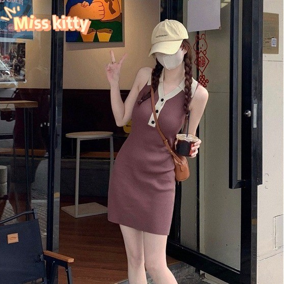 Miss Kitty พร้อมส่ง ท่านหญิง ชุดเดรสแขนกุดไหมพรม ทรงเอคอปก รัดรูปใส่สบาย *Y2607*