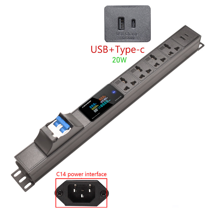 Pdu ซ็อกเก็ตต่อขยายหน่วยจ่ายไฟจอแสดงผลดิจิตอล, สวิตช์อากาศ Type-C USB,16A , พอร์ตอินพุตไฟ C14
