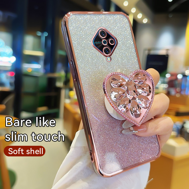 สําหรับ VIVO S1 Pro กรณีไฟฟ้าหรูหรา Soft Glitter TPU โทรศัพท์มือถือปกหลัง VIVO S1Pro 1920 เคสโทรศัพท์ Love Shape Bracket Kickstand สําหรับสาวผู้หญิง