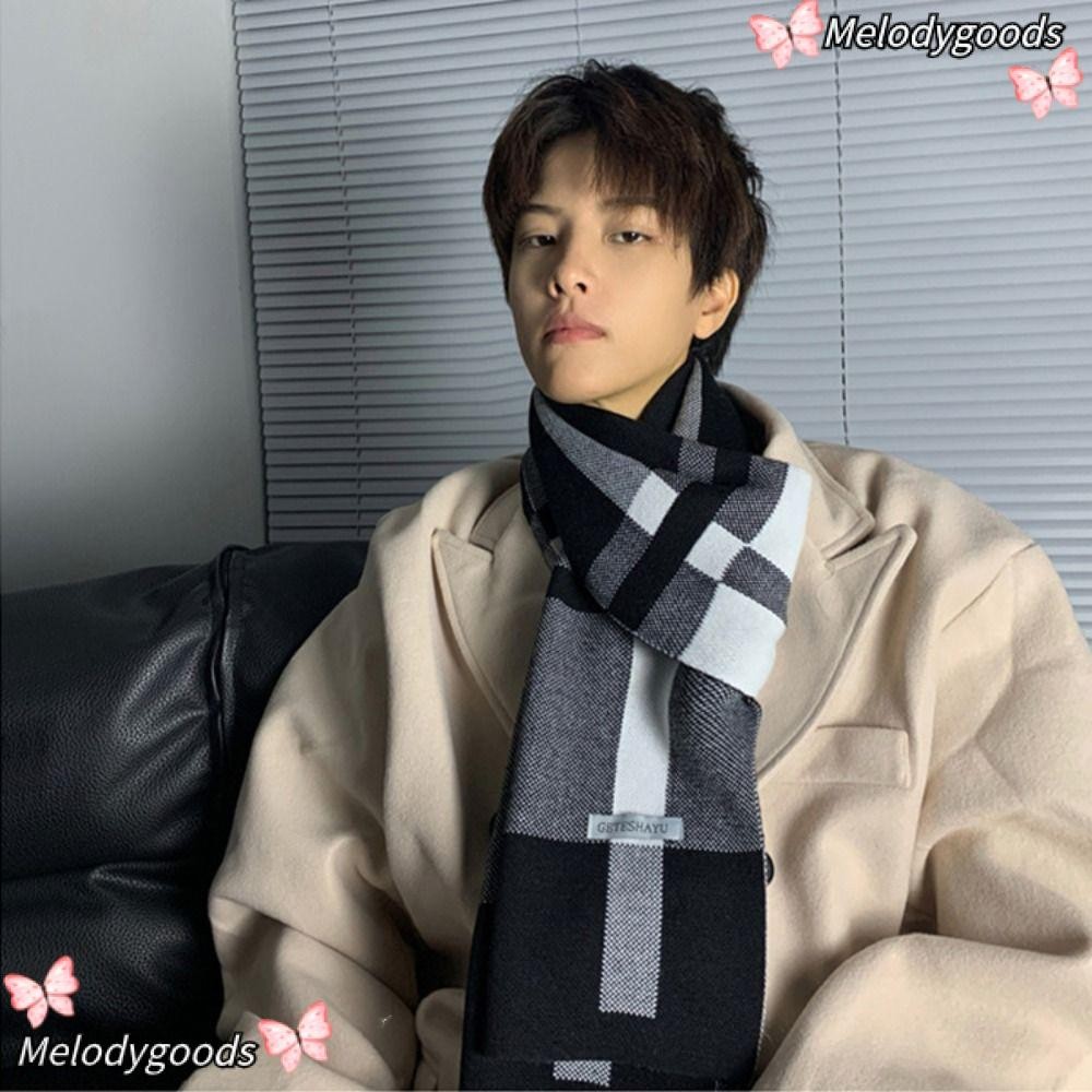 Melodg ผ้าพันคอผู้ชายฤดูหนาว,แฟชั่นสบายๆถัก Neckerchief, Keep Warm ผ้าคลุมไหล่ห่อแคชเมียร์ Patchwork ผ้าพันคอขนสัตว์
