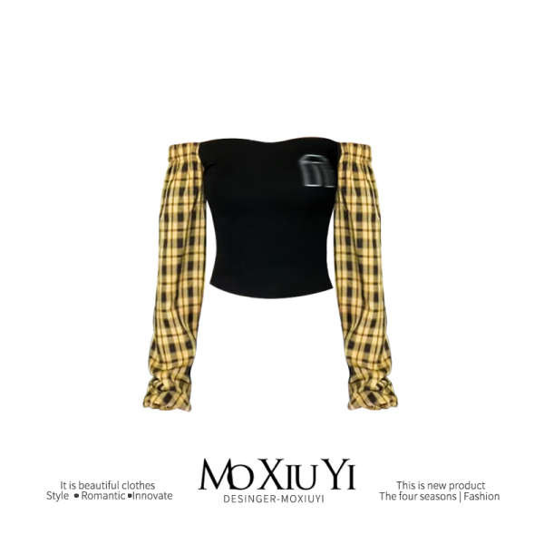 เกาะอก เกาะอกเท่ๆ เอ็มo เสื้อเปิดไหล่เย็บลายสก๊อตแนววินเทจสไตล์อเมริกันเสื้อยืดสตรีเสื้อเกาะอกแบบสั้นทรงเข้ารูปโชว์สะดือ