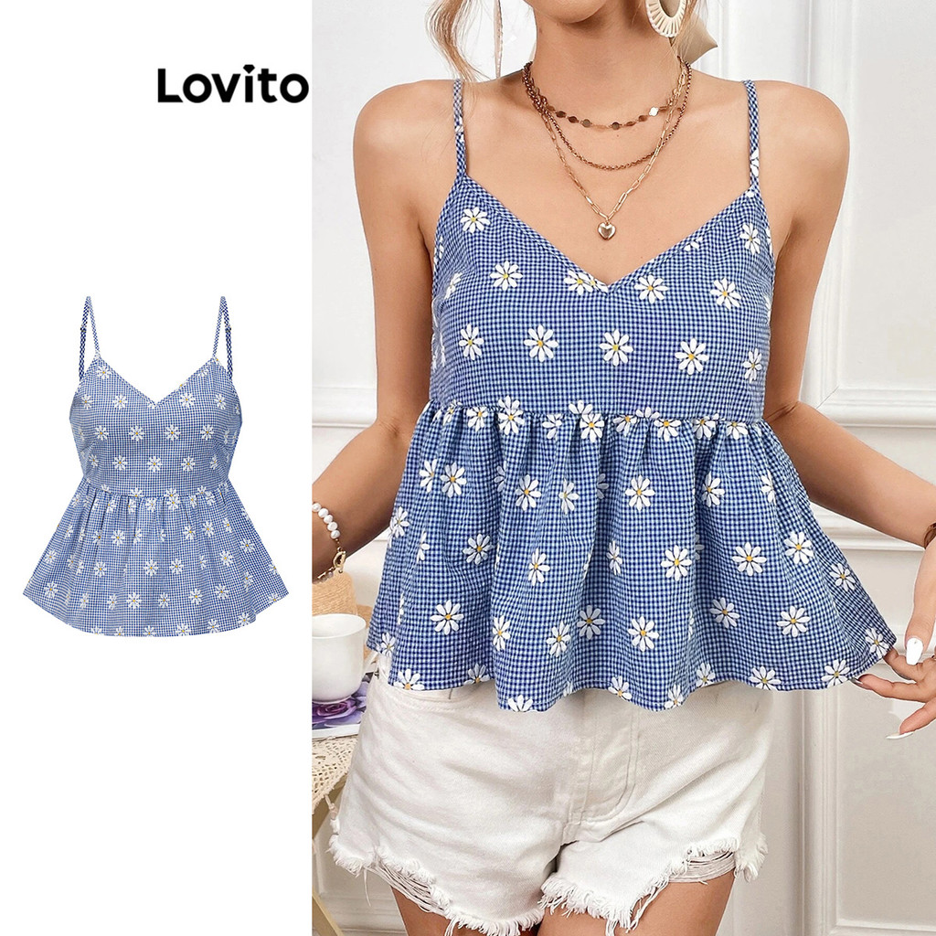 Lovito เสื้อสายเดี่ยวผู้หญิง แต่งจีบ พิมพ์ลายดอกไม้ สไตล์ล์น่ารัก L85AD292
