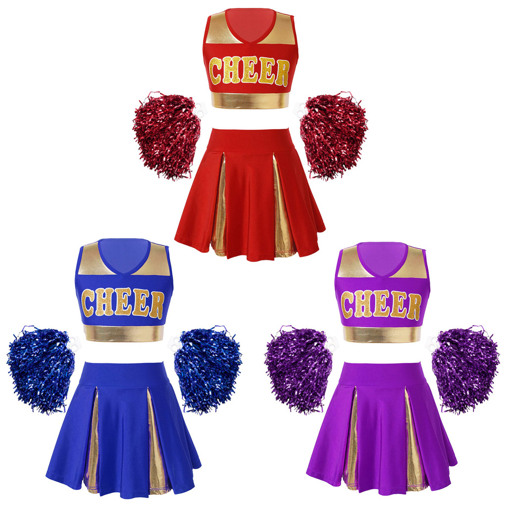 Manakai เด็กสาว Patchwork เชียร์ลีดเดอร์ชุดแขนกุด V คอตัวอักษรพิมพ์ Crop Top กระโปรงจีบและ 2 ชิ้นดอกไม้ลูก