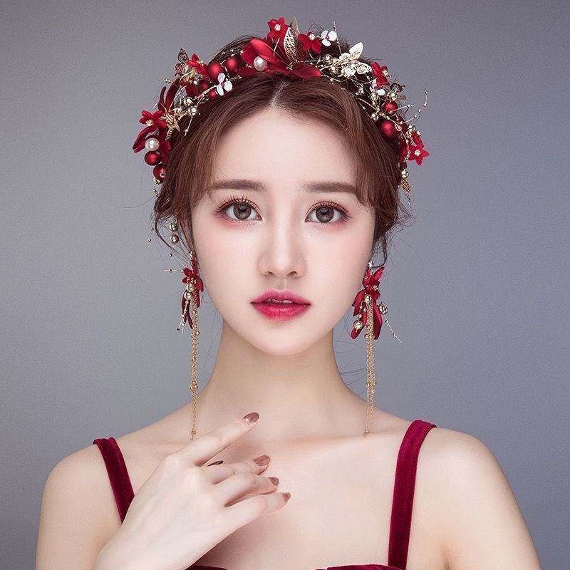 เจ้าสาว ชม. หูฟัง งานแต่งงานชุดแต่งงานสีแดงคาดศีรษะอุปกรณ์ผมชุดเกาหลีแต่งงานขนมปังปิ้งเสื้อผ้าอุปกรณ์