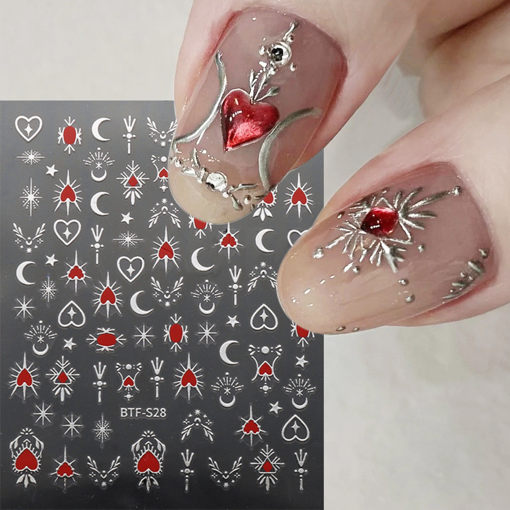 สติ๊กเกอร์ติดเล็บ ตกแต่งเล็บ 3D Gold-stampinged Bright Sun Moon Star Red Love Heart