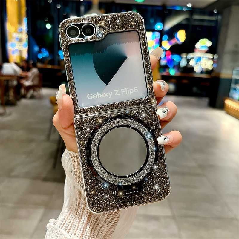 Electroplated กระจกวงเล็บหนังเคสโทรศัพท์สําหรับ Samsung Galaxy Z Flip 6 5 4 3 Flip3 Flip4 Flip5 Flip6 5G ฝาครอบป้องกัน