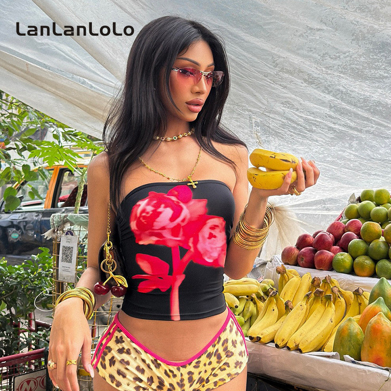 Lanlanlolo ผู้หญิง 2024 ดอกไม้พิมพ์แฟชั่น Slim Fit Causal Tube Tops