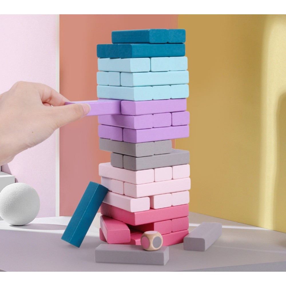 FUN FACTORY ของเล่น บล็อกไม้ ตัวต่อ Jenga 48 ชิ้น สีมาการอง สีสันสดใส มีลูกเต๋าให้ทอยเลือกสีในการหยิบ เล่นสนุก
