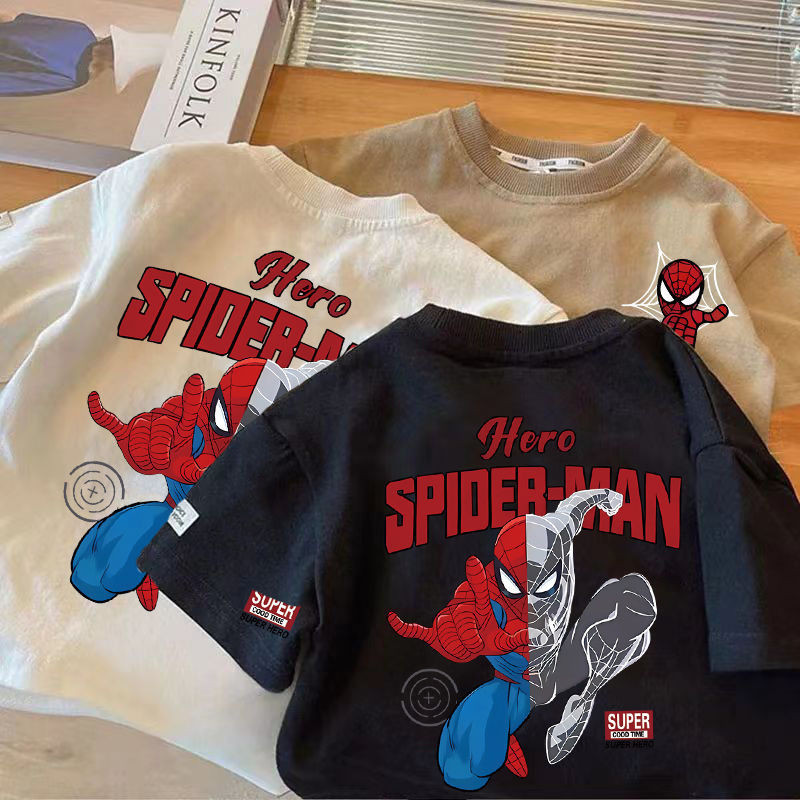 (จัดส่งตลอด 24 ชั่วโมง) (16-40กก.) เสื้อยืดผ้าฝ้าย 100% แขนสั้น Spider-Man พิมพ์แฟชั่นเกาหลี Boy Top