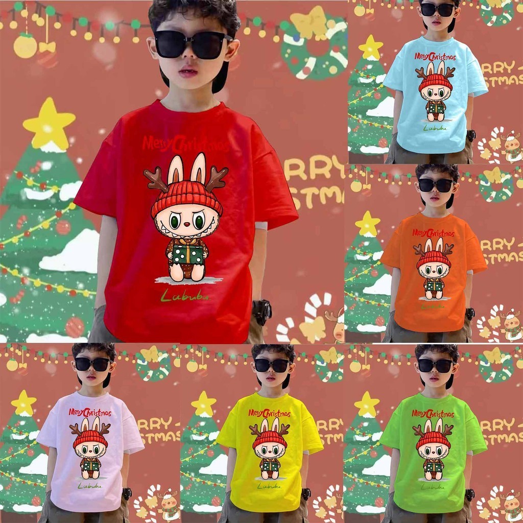 (จัดส่งตลอด 24 ชั่วโมง) Christmas Labubu Children's T-shirt คริสต์มาส เด็กน่ารักพิมพ์เสื้อยืด ผ้าฝ้ายแท้ สวมใส่สบาย