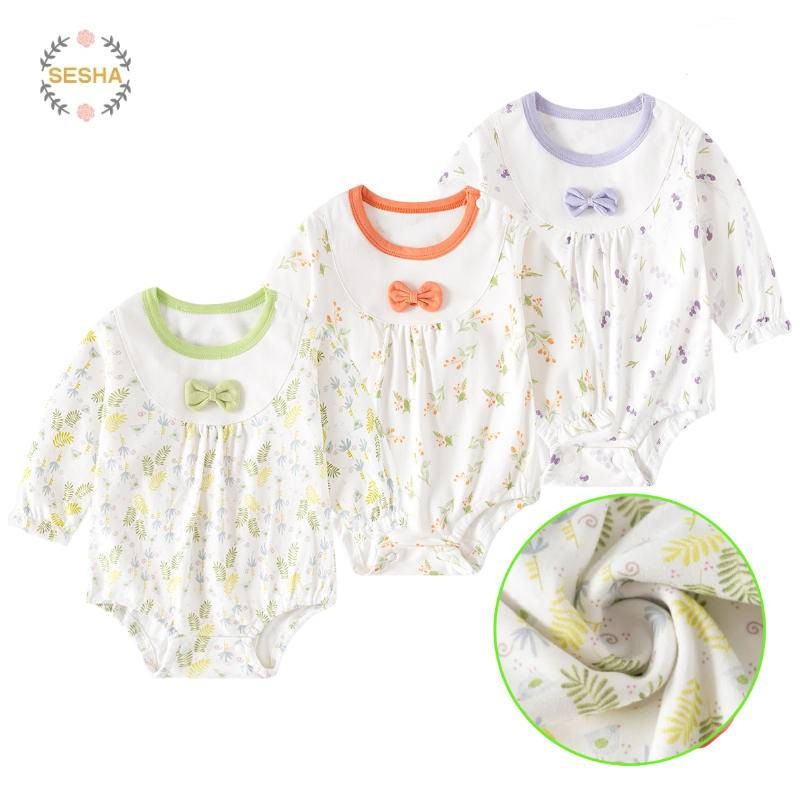 ชุดรอมเปอร์แขนยาวเด็กทารกผ้าฝ้ายสามเหลี่ยมชุดคลานชุดจั๊มสูทดอกไม้น่ารัก