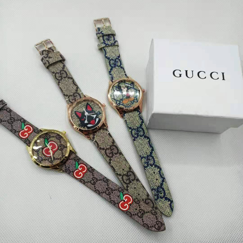 Gucci สัตว์และพืชรูปแบบหนังควอตซ์แฟชั่นสบาย ๆ ของขวัญนาฬิกาวินเทจเรียบง่าย