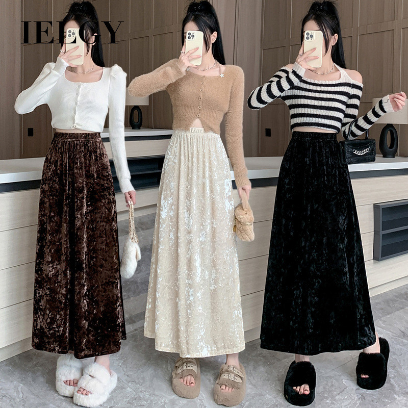 IELGY กระโปรงกํามะหยี่สีทองผู้หญิงเอวสูงสลิมมิ่งกระโปรงอเนกประสงค์
