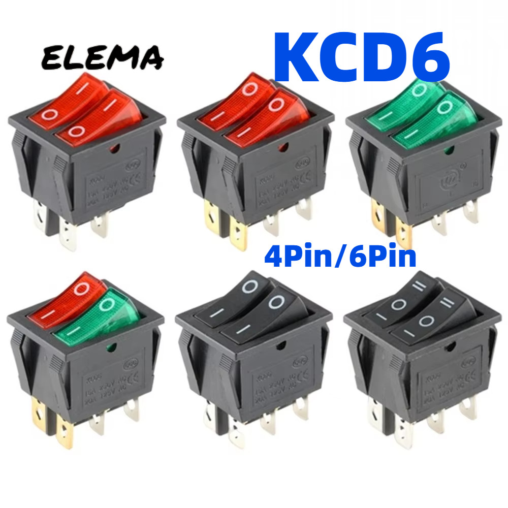 Kcd6 สวิตช์ไฟ 4Pin/6Pin 15A 250V 20A 125V สวิตช์ไฟคู่ Rocker Switch สีแดงสีเขียวพร้อมไฟ LED