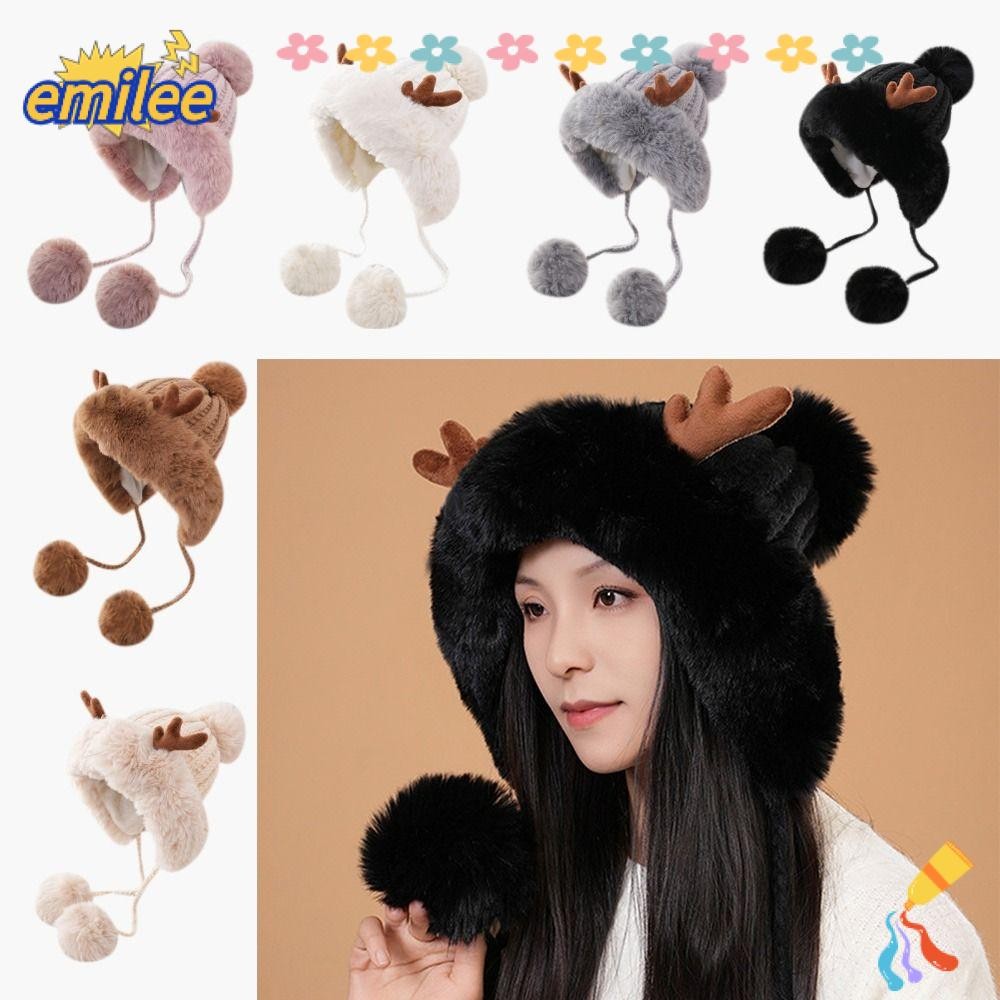 Emilee Plush Moving Hat, คออุ่น Traapper หมวก Earflap หมวก, Skullies หมวกคริสต์มาส Antlers ขี่จักรยาน Snowing เล่นสกีหมวก Movable หูถุงลมนิรภัยหมวกฤดูหนาว