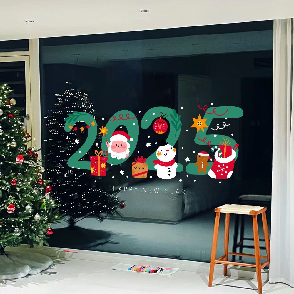 2025 สติกเกอร์ตู้โชว์กระจกตกแต่งคริสต์มาสการจัดปีใหม่สติกเกอร์ประตูกระจก