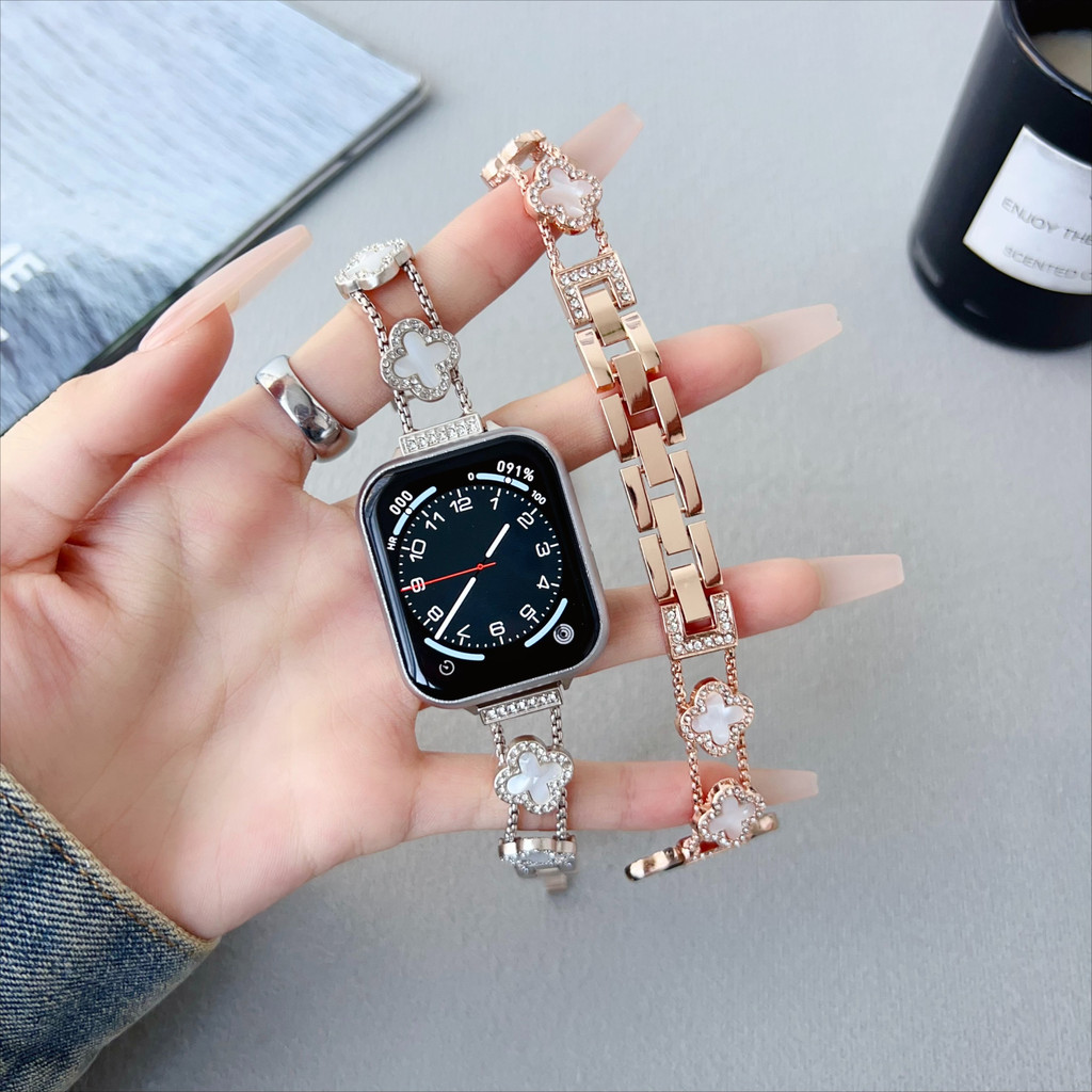 (10 สี) ชุดโคลเวอร์สี่ใบพร้อมสายเพชรสําหรับนาฬิกา Series 10 9 8 7 6 SE 5 4 3 2 1 Ultra2/Ultra สําหรับ I-Watch ขนาด 42/46/38/40/41/42/44/45/49 มม.อุปกรณ์เสริมสมาร์ทวอทช์