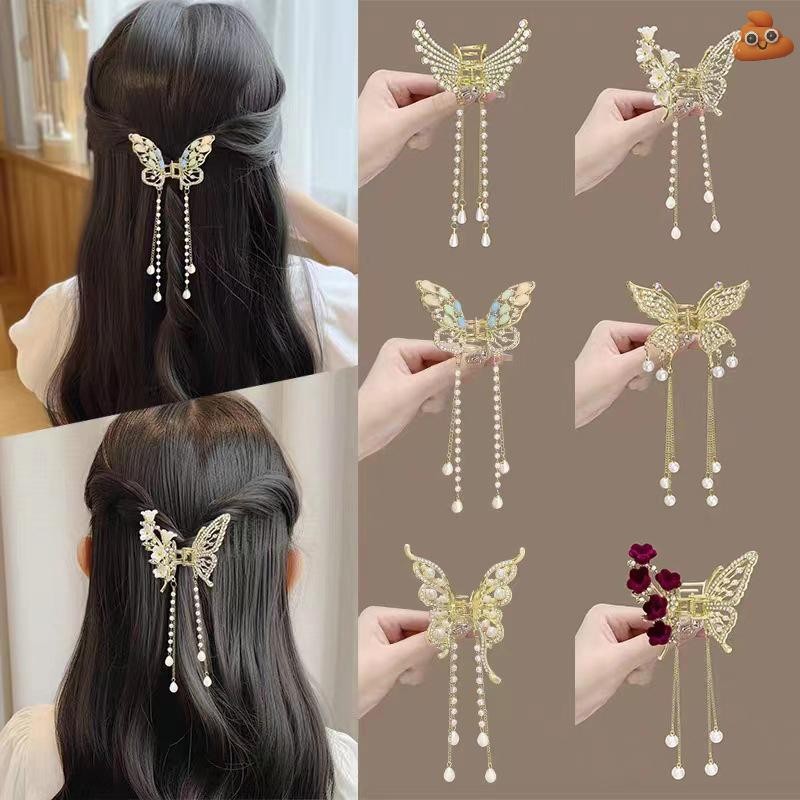 [LO] ประณีต Rhinestone ผีเสื้อ Fringe ผม Claw คลิปเกาหลีใหม่หางม้า Braid Pearl Hairpin สาวปูโลหะ Headdress ของขวัญ TH