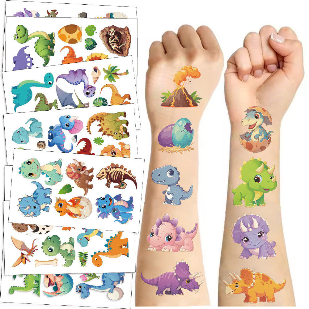 สติกเกอร์รอยสักไดโนเสาร์การ์ตูนเด็ก กันน้ำ น่ารัก สไตล์ทีเร็กซ์ ปาร์ตี้ Dinosaur Tattoo Sticker