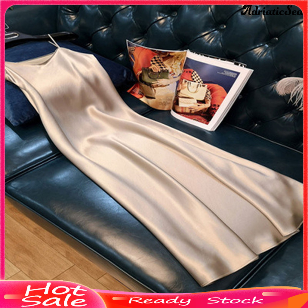 [COD]☃ผู้หญิงชุดสลิป Silky ซาติน V คอสปาเก็ตตี้สีทึบ Plus ขนาด A-line หลวม Hem Backless แขนกุด