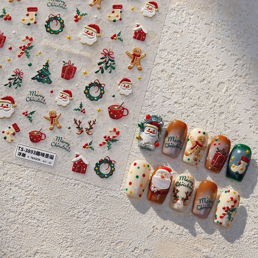 [Meow.sensei] magico Moji Tielu Christmas แผ่นแปะเล็บนูน Pro ฝ้าสติกเกอร์เล็บบางๆ TS-3893สนุกคริสต์มาส