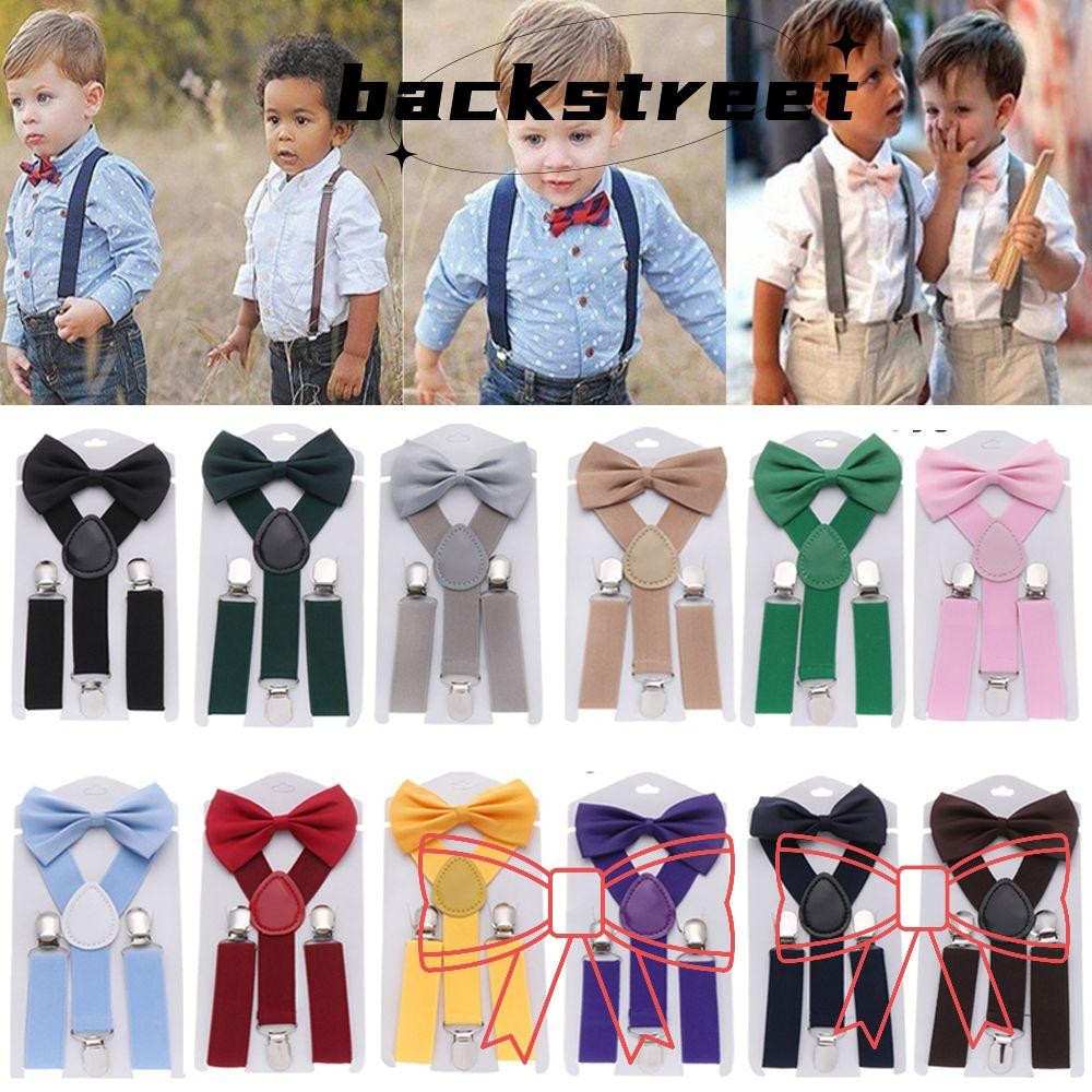 Backstage 1set Kids Suspenders ของขวัญน่ารัก Clip-on ปรับสีทึบเด็กชุดแต่งงานผมโบว์ชุดวัวผูกเข็มขัด
