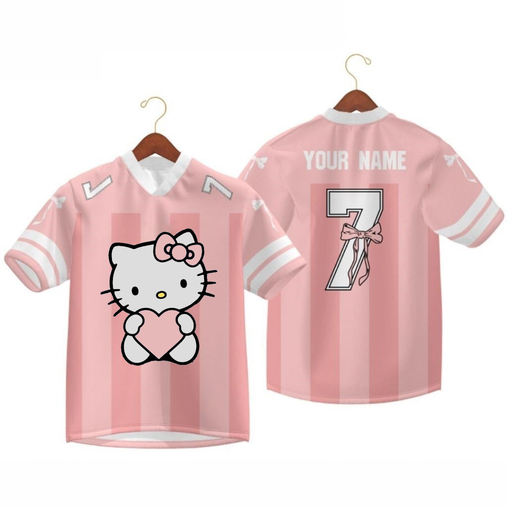 Hello KITTY "ฟุตบอลบัลเล่ต์" [ชื่อและหมายเลขที่กําหนดเองฟรี] Jersey Coquette Ribbon Contrast Striped แขนสั้นขนาดใหญ่ Malt 07 Jersey