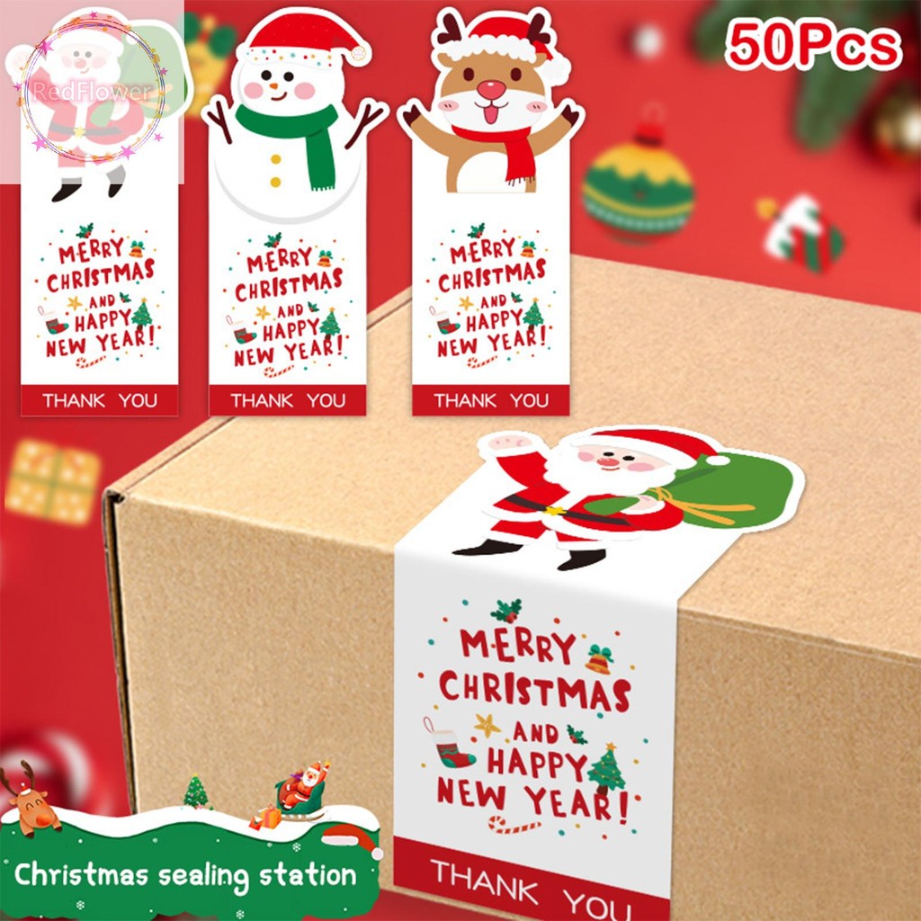 Redflower 50pcs Merry Christmas สติกเกอร์สี่เหลี่ยมผืนผ้าคริสต์มาสของขวัญกล่องตกแต่งสติกเกอร์ซีลน่ารัก Santa สติกเกอร์เครื่องเขียน TH