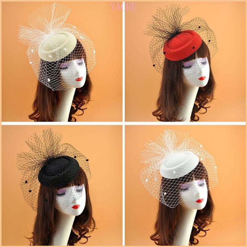 Jache ผู้หญิง Fascinator หมวก 20 S 50 S Vintage สีทึบ Felt Pillbox หมวกขนาดเล็ก Polka Dot ตาข่ายงานแต่งงาน Headwea