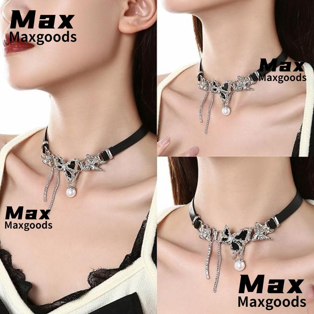Maxg สร้อยคอผีเสื้อ, สร้อยคอกระดูกไหปลาร้า Dark Butterfly หนัง Choker, Sweet Cool Y2K Vintage Punk ลูกปัดโลหะโซ่