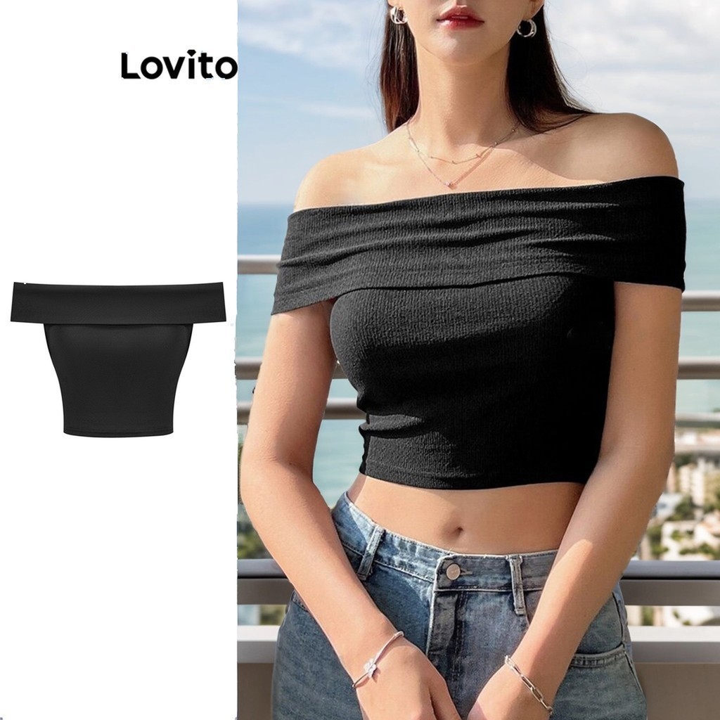 Lovito เสื้อปาดไหล่ผู้หญิง เบสิก สีพื้น สไตล์ลำลอง L88AD041(หลากสี)