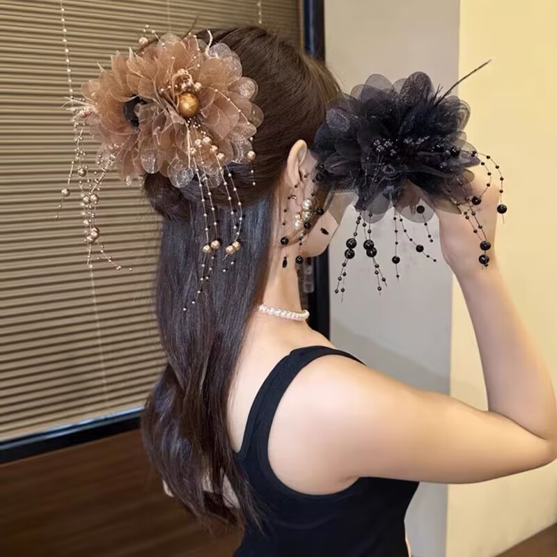 2024 ใหม่Elegant Peonyลูกปัดพู่Hairpinด้านหลังหัวฉลามคลิปแฟชั่นอุปกรณ์เสริมผม