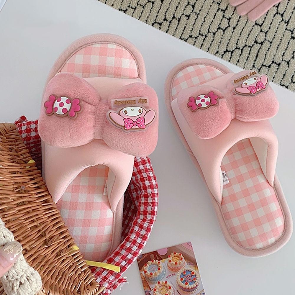 Luxeliving รองเท้าแตะ Cinnamoroll, Kitty Cat ผ้าฝ้ายและผ้าลินิน My Melody One-line รองเท้าแตะ, แฟชั่น Plush Soft Non-Slip Bow Kuromi สไลด์ผู้หญิง