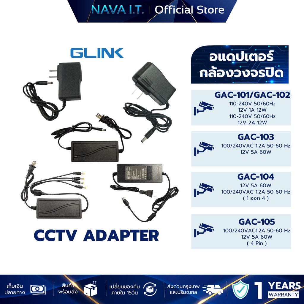 รวมอะแดปเตอร์ CCTV GLINK GAC-101-105 ใช้กับกล้องวงจรปิดเท่านั้น