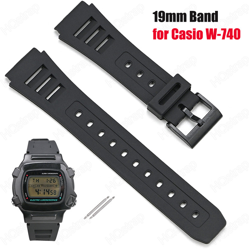 สายนาฬิกายางเรซิน 19 มม. สําหรับ Casio W-740 Series สายรัดข้อมือกันน้ําสีดํา TPU สร้อยข้อมือนาฬิกาอุปกรณ์เสริม