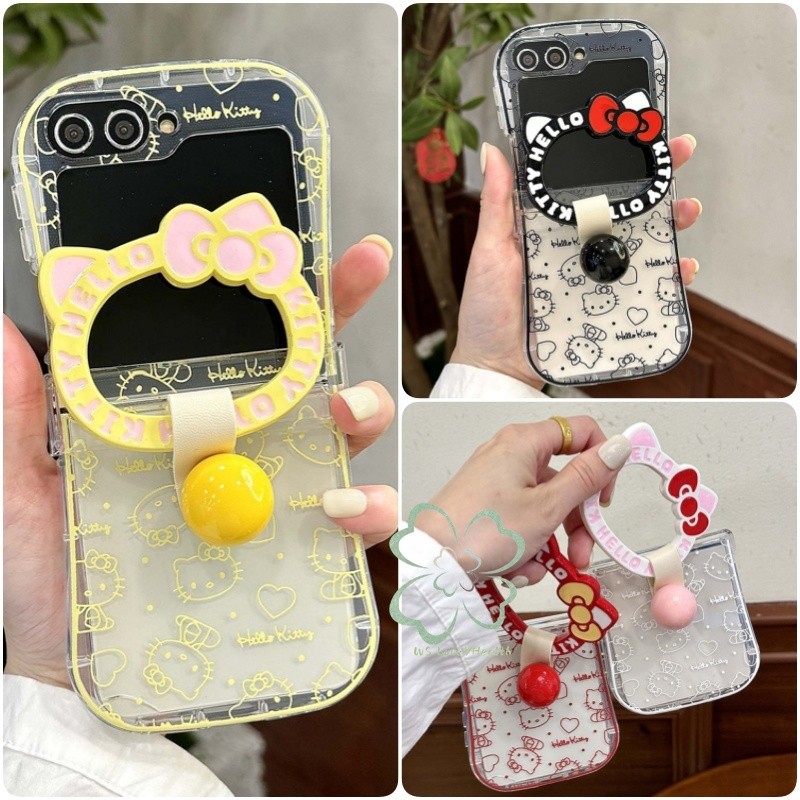 น่ารักการ์ตูนแมวแหวนขาตั้ง Soft Case สําหรับ Samsung Galaxy Z Flip 7 Z Flip6 Flip5 Flip 4/3 ปลอกพร้อมสายรัดข้อมือบานพับป้องกันปกหลัง