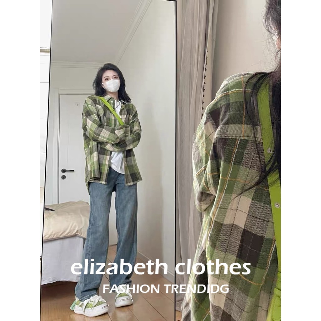 ซีซิลิเซียวเจี๋ย เสื้อเชิ้ตแขนยาวลายสก๊อตสีเขียววินเทจหลวมและกันแดดสลูชชี่