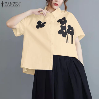 ZANZEA ใส่ ซานเซีย ผู้หญิงเกาหลีลําลองปกวางไหล่แขนสั้นเสื้อพิมพ์ลายดอกไม้
