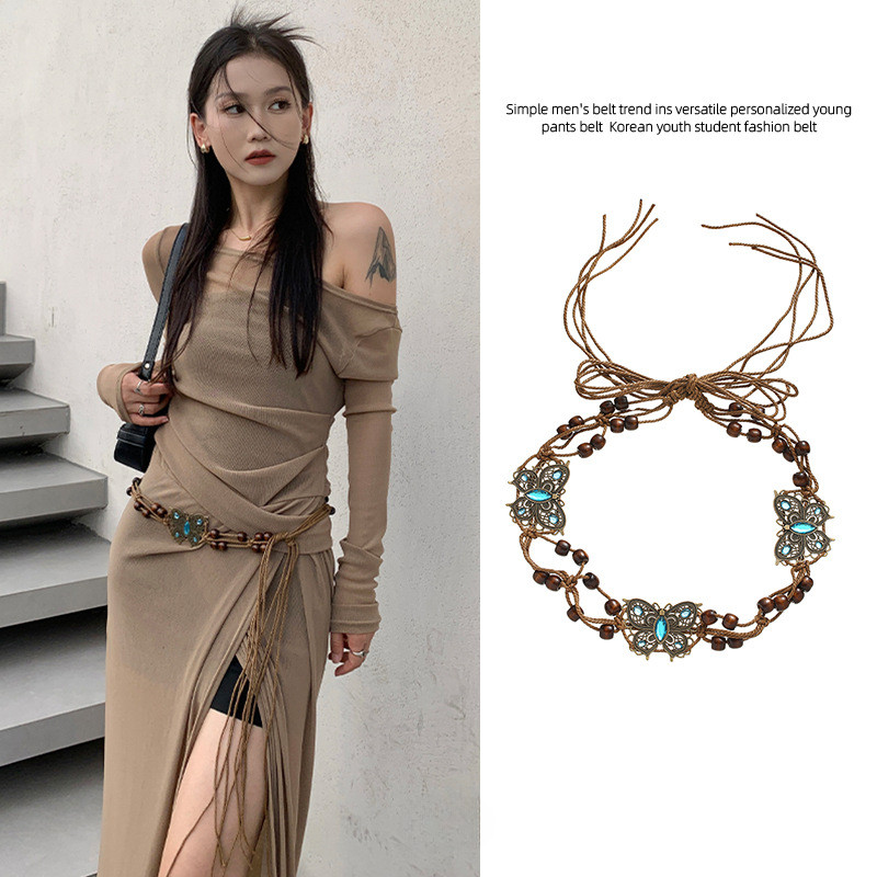 Retro Bohemian Butterfly Diamond เชือกถักเอวสไตล์ชาติพันธุ์ Handmade ลูกปัดไม้แฟชั่นเข็มขัด